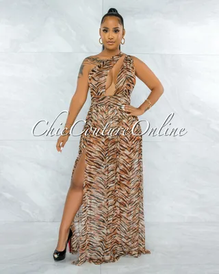 Kedma Brown Tiger Print Single Sleeve Bodysuit Sheer Dress