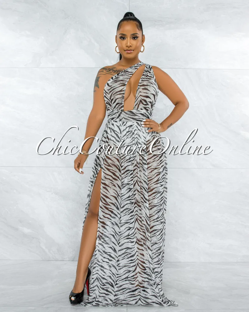 Vendor-unknown Kedma White Black Tiger Print Single Shoulder Bodysuit Sheer  Dress