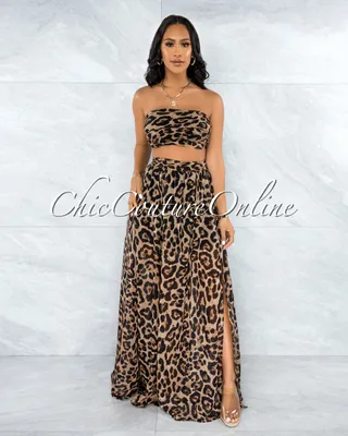 Ryba Brown Leopard Print Crop Top & Maxi Skirt Set