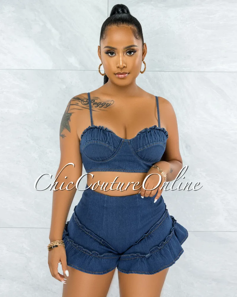 Vendor-unknown Aspen Dark Denim Crop Top & Ruffle Shorts Set