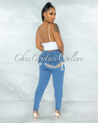 Lanny Blue Denim White Lace-Up Cut Out Accent Jeans