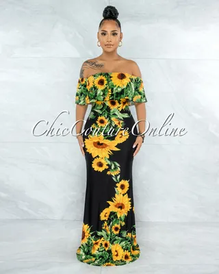 Semele Black Yellow Sunflowers Off-The Shoulder Maxi Dress