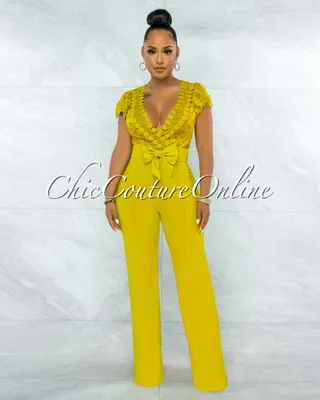 Fiorella Lime Yellow Lace Sheer Top Bow Belted Jumpsuit