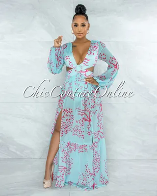 Mahona Aqua Fuchsia Print O-Ring Maxi Bodysuit Dress