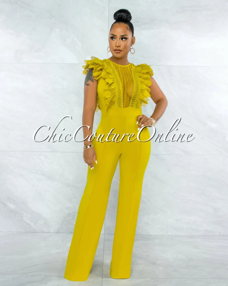 Vendor-unknown Caramelo Lime Yellow Lace Sheer Top Crochet Jumpsuit