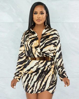 Renita Black Gold Tiger Print Draped Dress