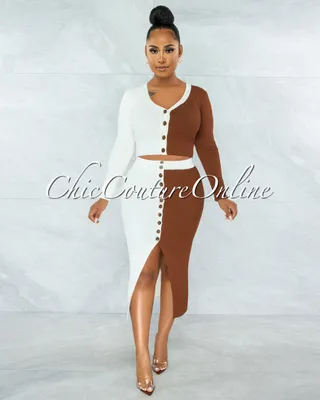 Samie White Brown Two Tones Buttoned Top & Skirt Ribbed Set