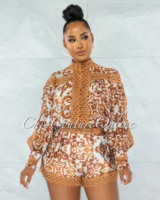 Warda Camel Print Crochet Pearl Sheer Blouse & Shorts Set