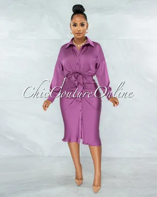 Michaela Mauve Draped Front Tie Shirt Midi Satin Dress