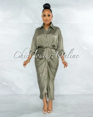 Odera Olive Draped Front Tie Shirt Maxi Satin Dress