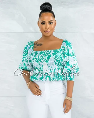 Pyrena Green Blue Print Smocked Bubble Sleeves Crop Top