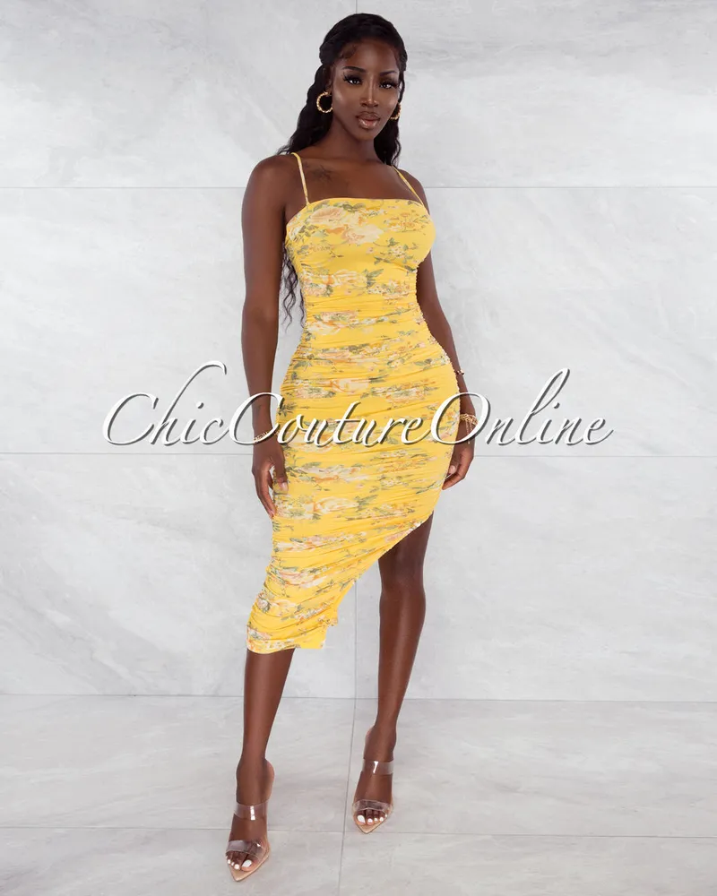 Rowena Yellow Floral Print Mesh Ruched Midi Dress