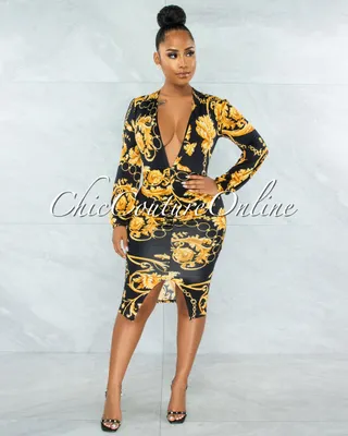 Melaza Black Gold Print Plunging Neckline Midi Dress