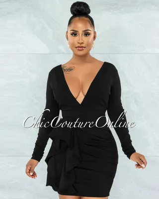 Ellie Black Ruffle Hip Deep-V Neckline Open Back Dress