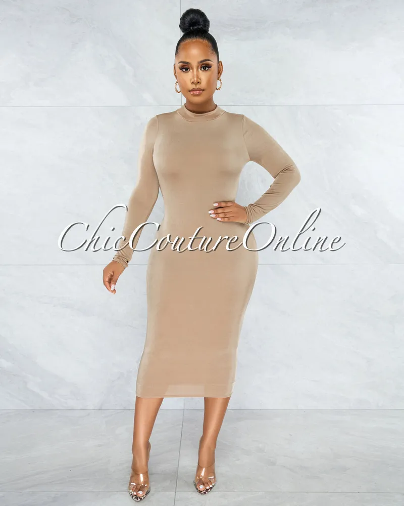 Meda Beige Fitted Midi Dress