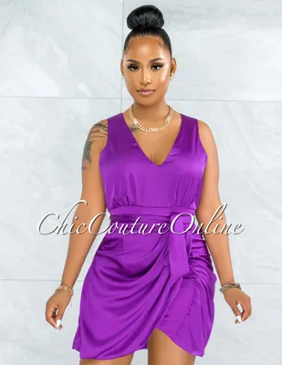 Pacifica Purple Draped Wrap Hem Mini Satin Dress