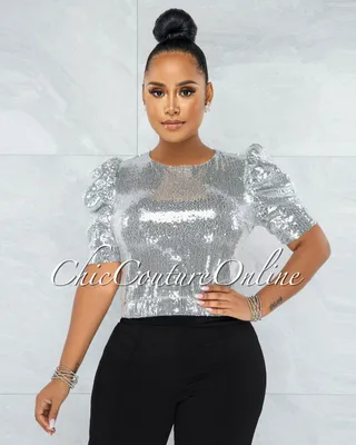 Shamya Silver Sequins Bubble Sleeves Crop Top