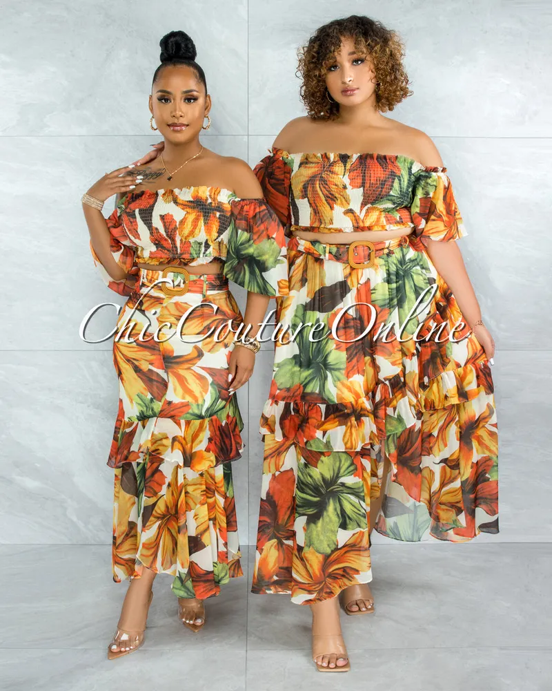 Vendor-unknown Zamella Orange Multi-Color Print Two Piece Skirt Set