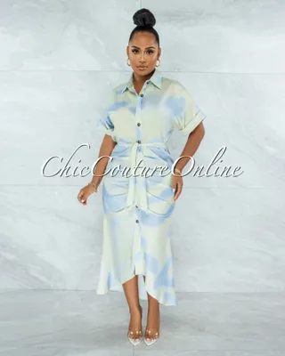 Santos Sage Green Blue Drape Self-Tie Belt Shirt Midi Dress