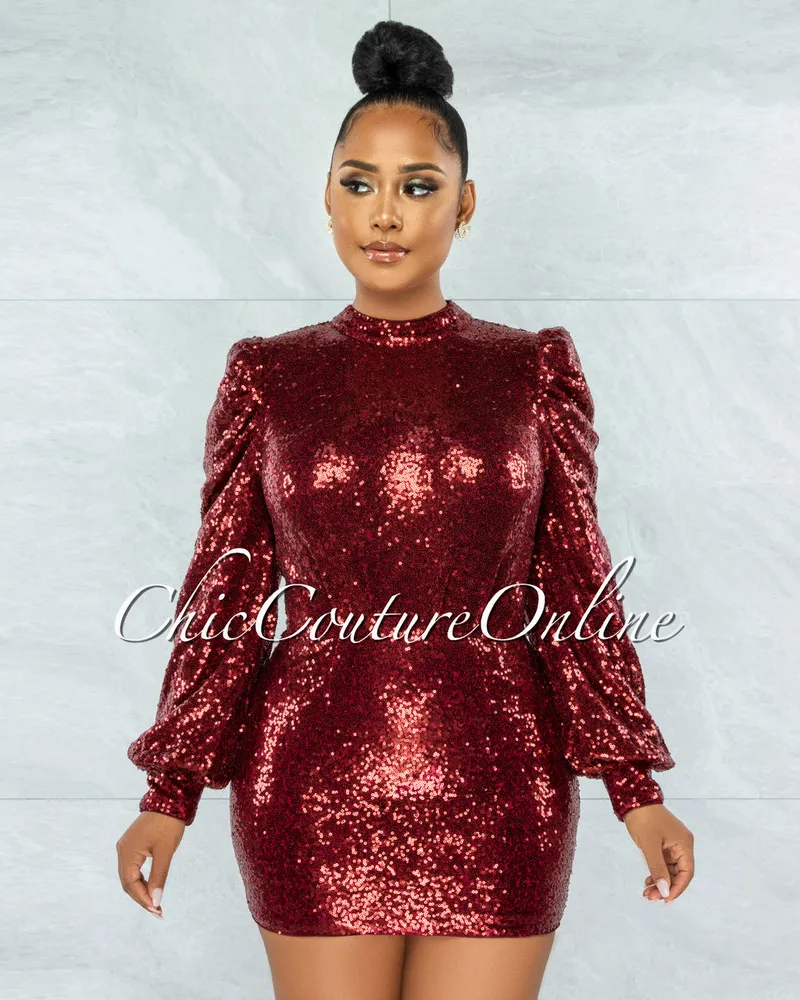 Octavia Burgundy Sequins Bubble Sleeves Dress