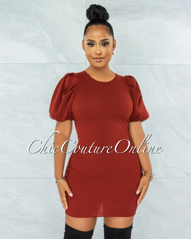 Oceana Rust Bubble Sleeves Ribbed Dress