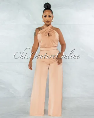 Byford Peach Halter Pleated Satin Jumpsuit