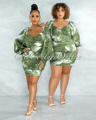 Lemuela Olive Green Palm Print Ruched Mini Dress