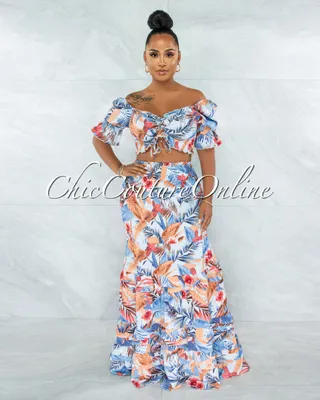 Chauve Blue Coral Print Smocked Ruffle Skirt Set