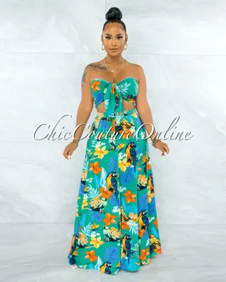 Zaidee Green Floral Print Crop Top & Maxi Skirt Set