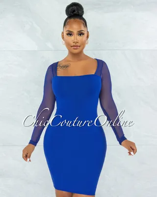 Unelina Royal-Blue Mesh Long Sleeves Dress