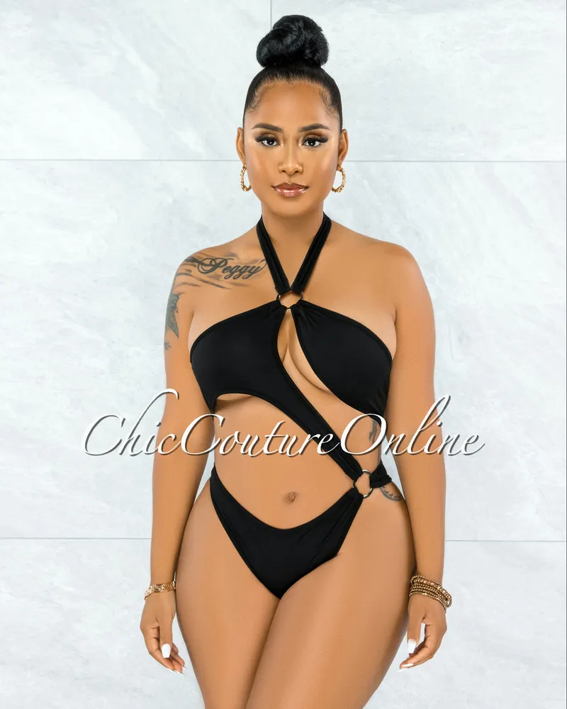 Cafice Black O-Ring  Halter Swimsuit & Maxi Skirt Set