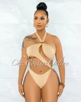 Cafice Nude O-Ring  Halter Swimsuit & Maxi Skirt Set