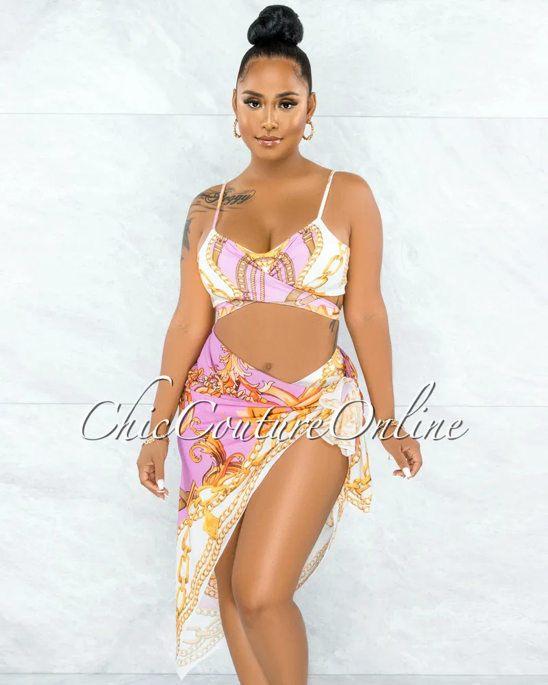 Valterra Pink Gold Print Pareo Three Piece Set Swimsuit