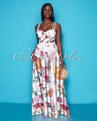 Bethesda Ivory Stripes Floral Print Sheer Maxi Dress