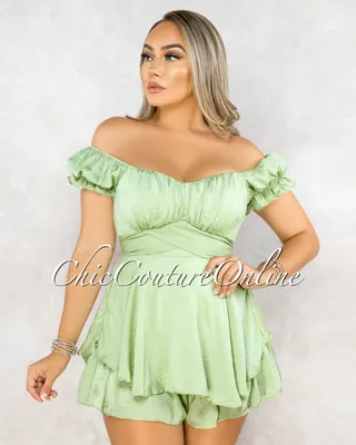 Oleda Mint Green Front Overlay Ruffle Romper