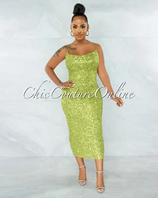 Tamari Apple Green Sequins Lace-Up Open Back Midi Dress