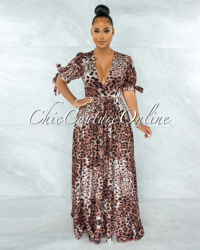 Aisley Leopard Print Bubble Tie Sleeves Bodysuit Maxi Dress