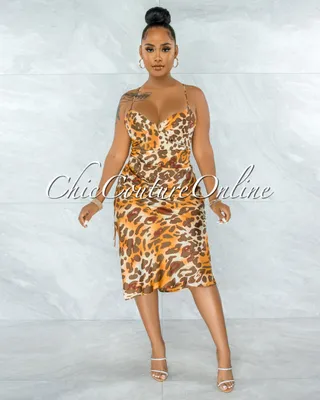 Edwin Burnt Orange Leopard Print Ruched Side Satin Dress