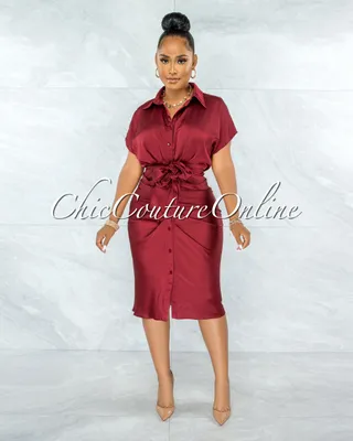 Gustave Draped Front Tie Shirt Midi Satin Dress