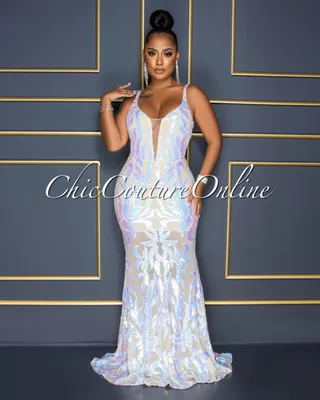 Kristie Nude Iridescent Sequins Low Back Maxi Dress