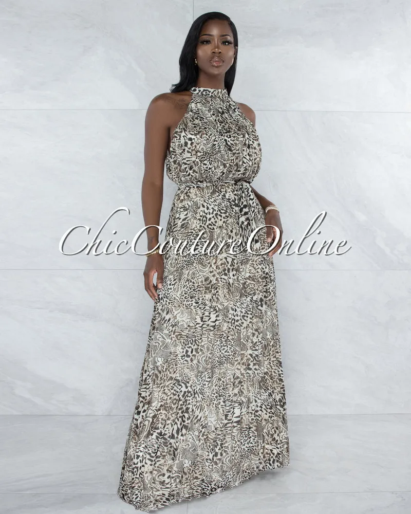 Uriana Leopard Print Pleated Luxe Halter Maxi Dress