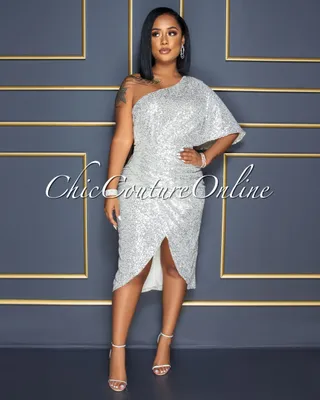 Trisna Champagne Silver Sequins Single Shoulder Midi Dress