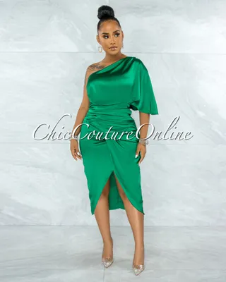 Babette Kelly Green Draped Single Shoulder Midi Dress