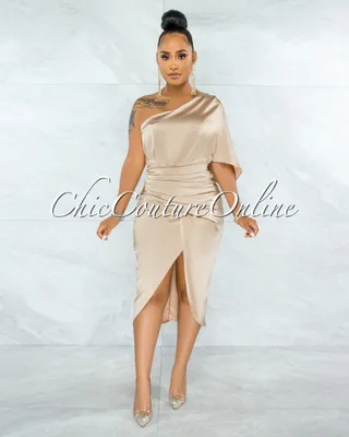 Babette Champagne Draped Single Shoulder Midi Dress