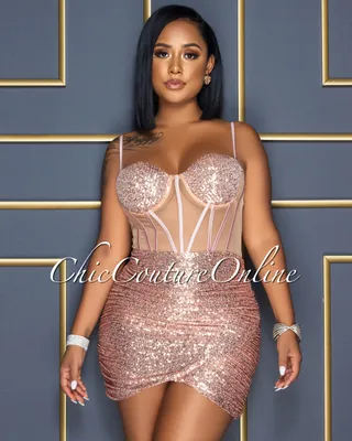 Wilena Nude Rose Gold Sequins Mesh Corset Waist Dress