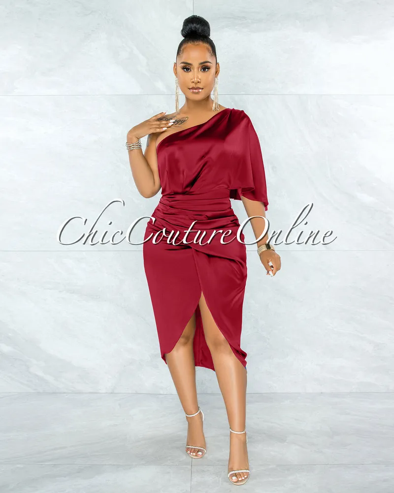 Babette Burgundy Draped Single Shoulder Ruched Midi Dress