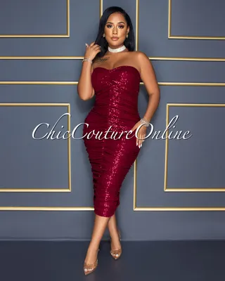 Kayden Burgundy Sequins Ruched Strapless Midi Dress