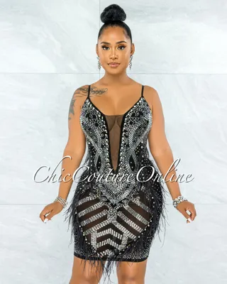 Denise Black Mesh Pearls & Rhinestones Feathers Bodysuit Dress