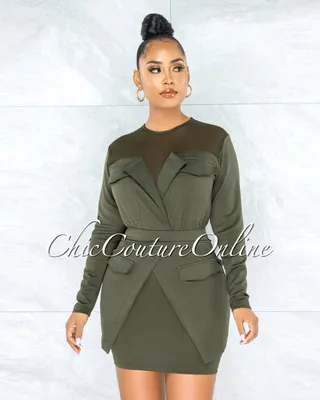 October Olive Green Mesh Neckline Trench Overlay Dress