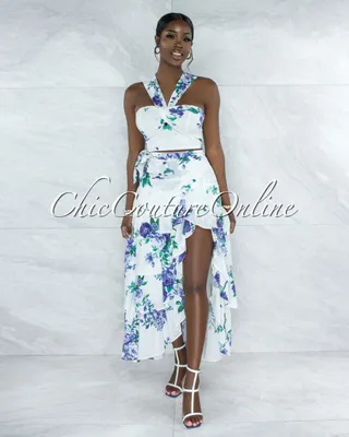 Casera White Blue Floral Print Top & Maxi Skirt Set